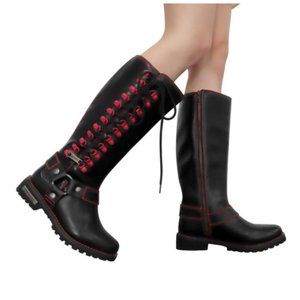 Vegan leather Biker Long Boots with Red Laces